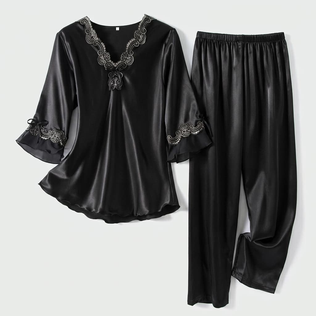 Black satin-look pajama top and pants laid flat