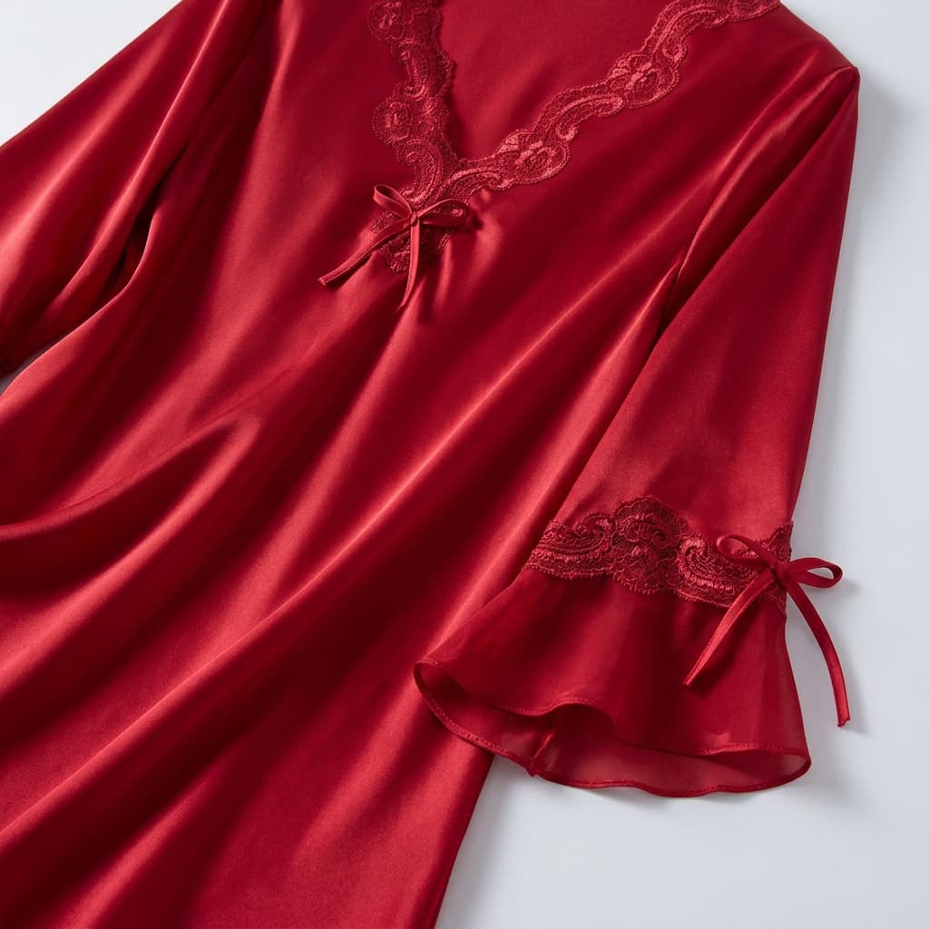 Close-up of the red V neck with lace trim and sleeve detail