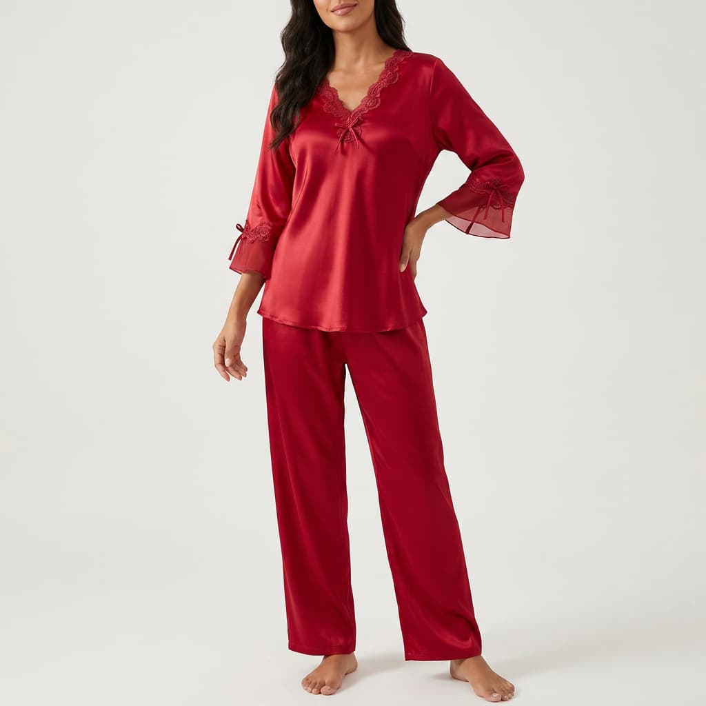 Woman wearing the red satin-look pajama set with lace trim, front view