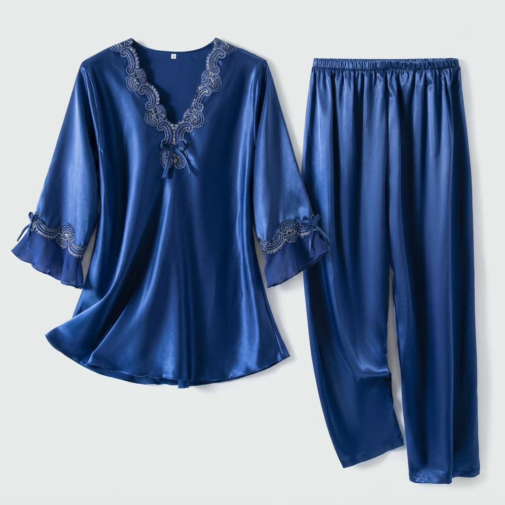 Royal blue satin-look pajama top and pants laid flat