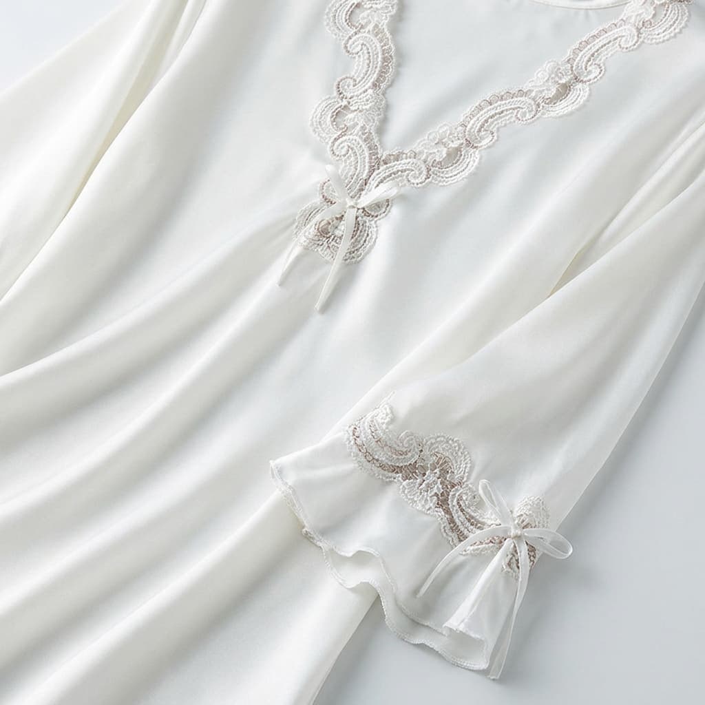 Close-up of the white V neck with lace trim and sleeve detail