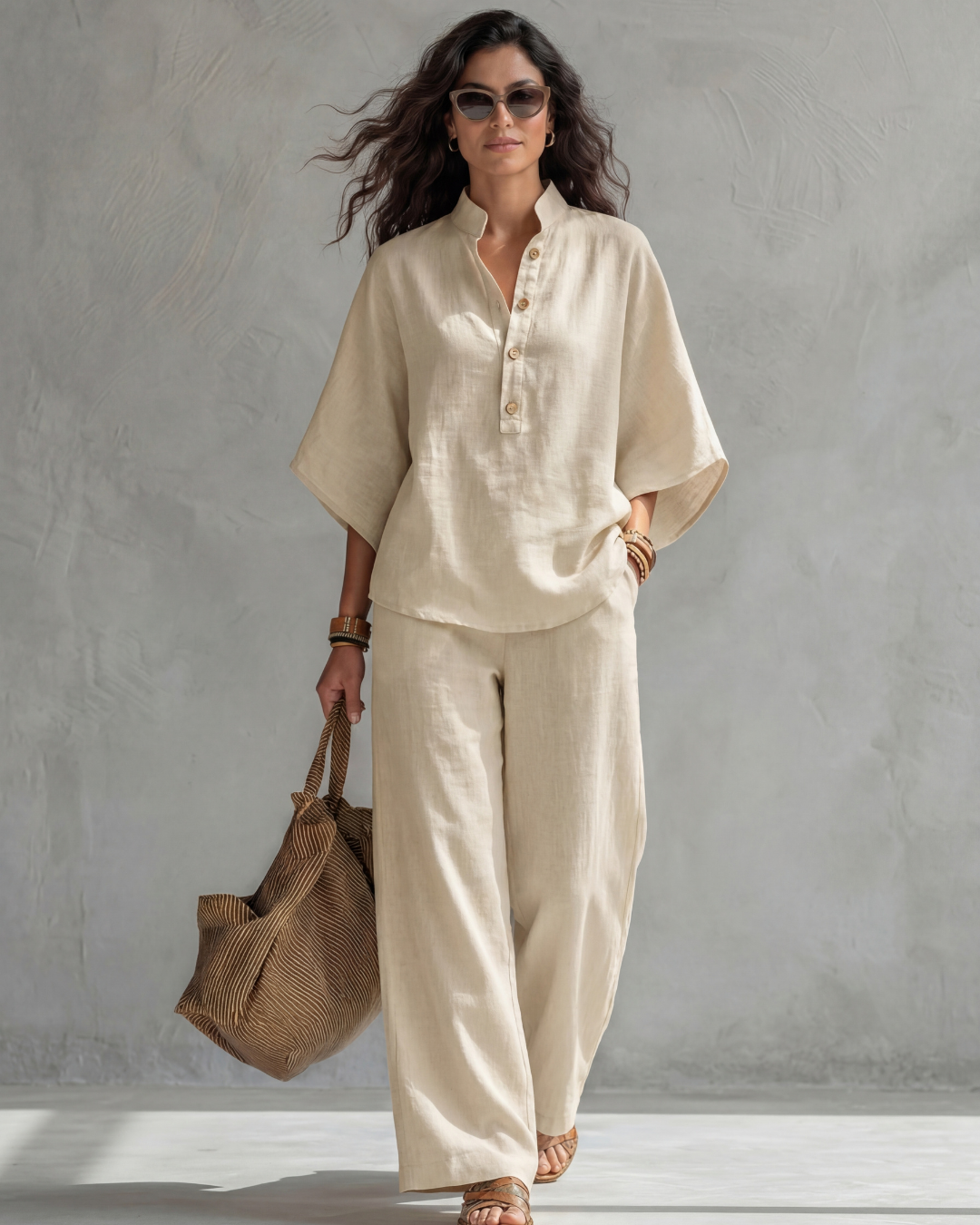 Women's pants set in cream, button blouse and wide leg pants, walking with tote bag