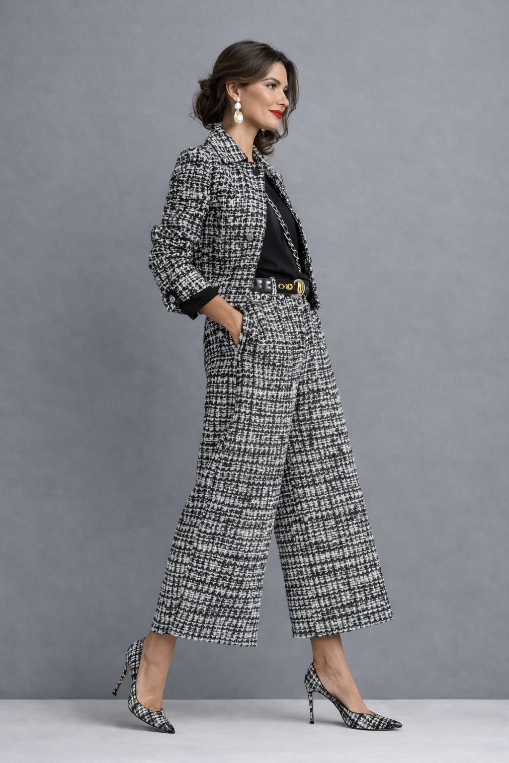 Black tweed-look pantsuit in a three-quarter turn with hands in jacket pockets