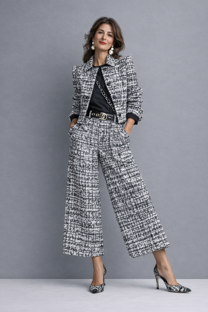 Gray tweed-look cropped jacket and wide leg pants, front view with heels