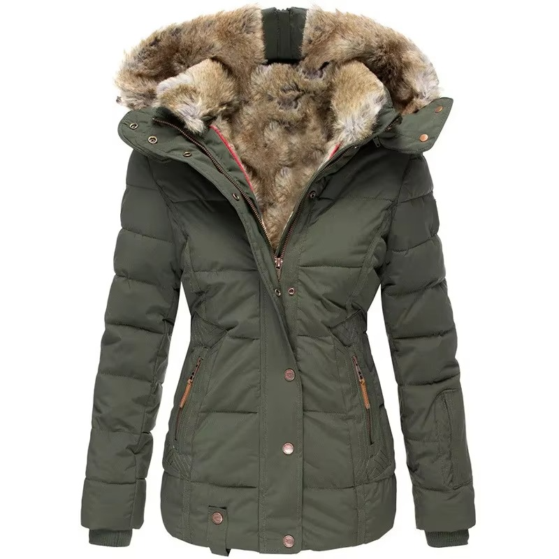 Women's olive hooded parka, front view with the hood