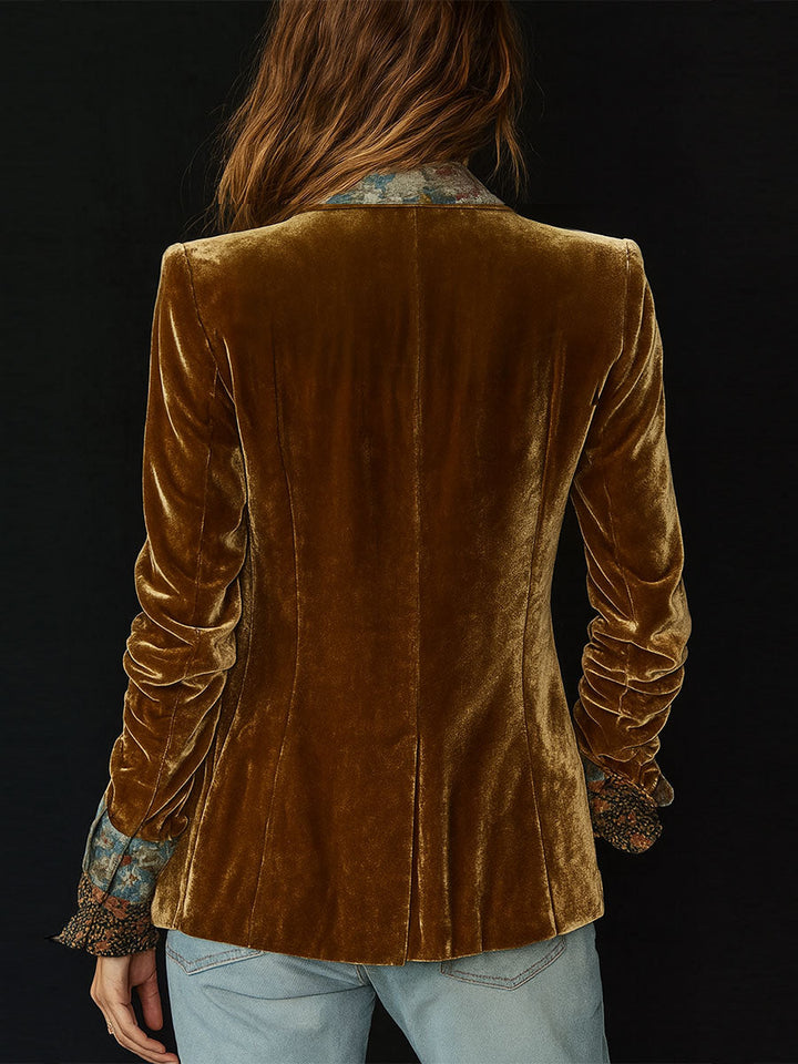 Back view of the caramel velvet-look patchwork blazer