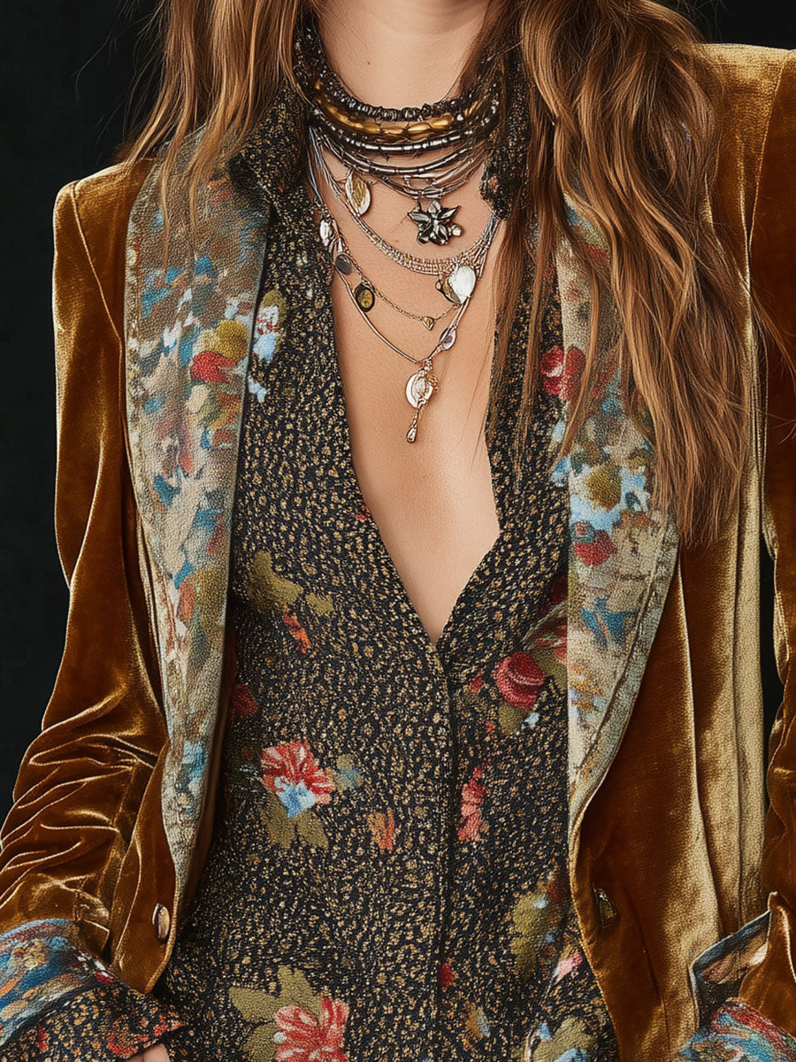 Close-up of the floral patchwork lapels and patterned front panel on the caramel velvet-look blazer