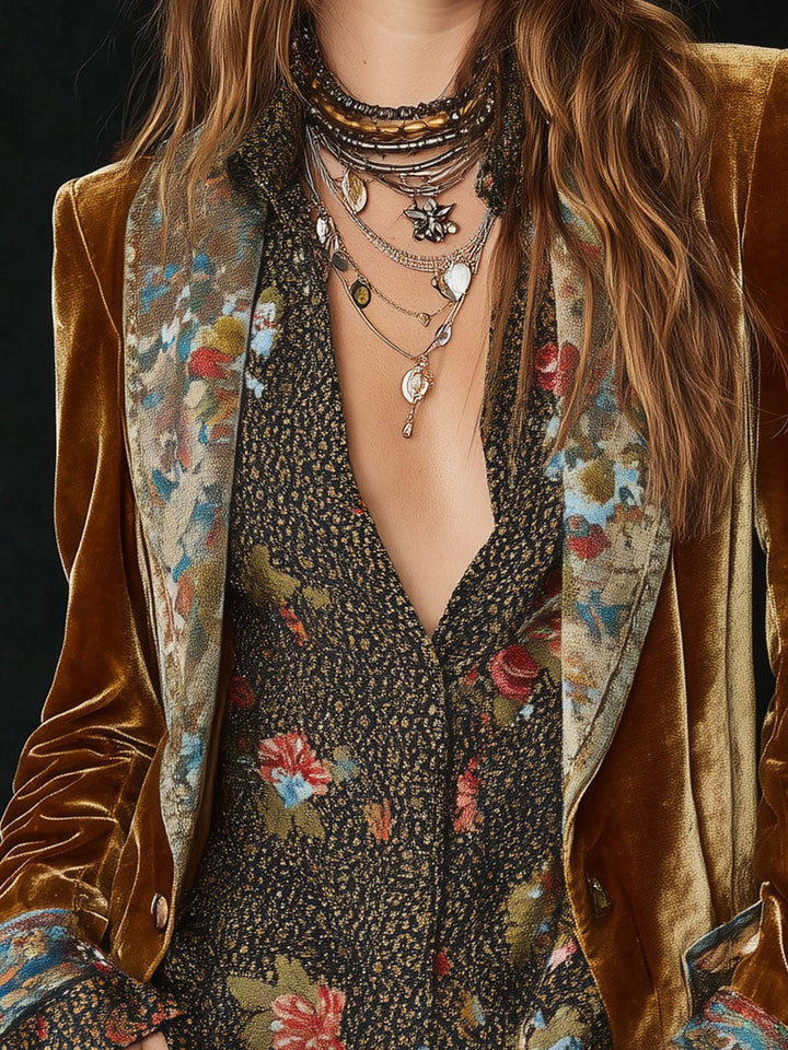Close-up of the floral patchwork lapels and patterned front panel on the caramel velvet-look blazer