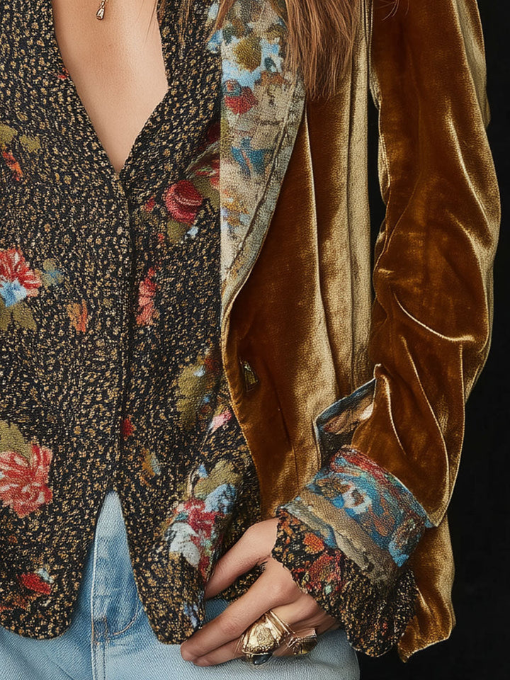 Floral patchwork cuff and button front detail on the caramel velvet-look blazer