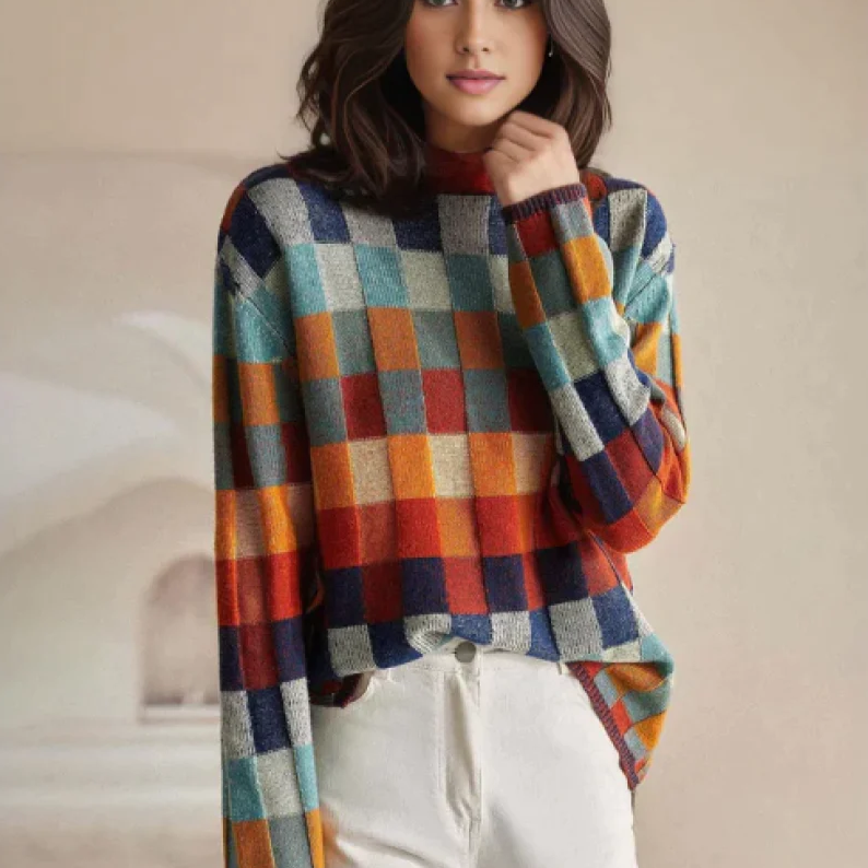 Women's patchwork checkered sweater, front view on a model
