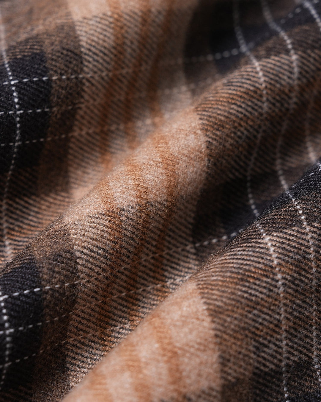 Close up of the brown, black and cream plaid fabric