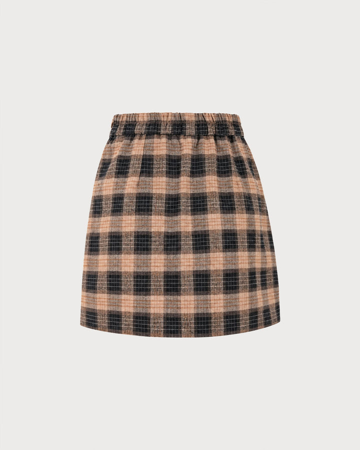 Second flat view of the brown plaid mini skirt showing the elastic waistband