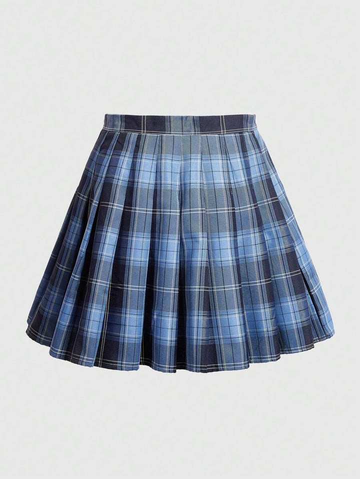 Blue plaid mini pleated skirt in a lighter check, front view