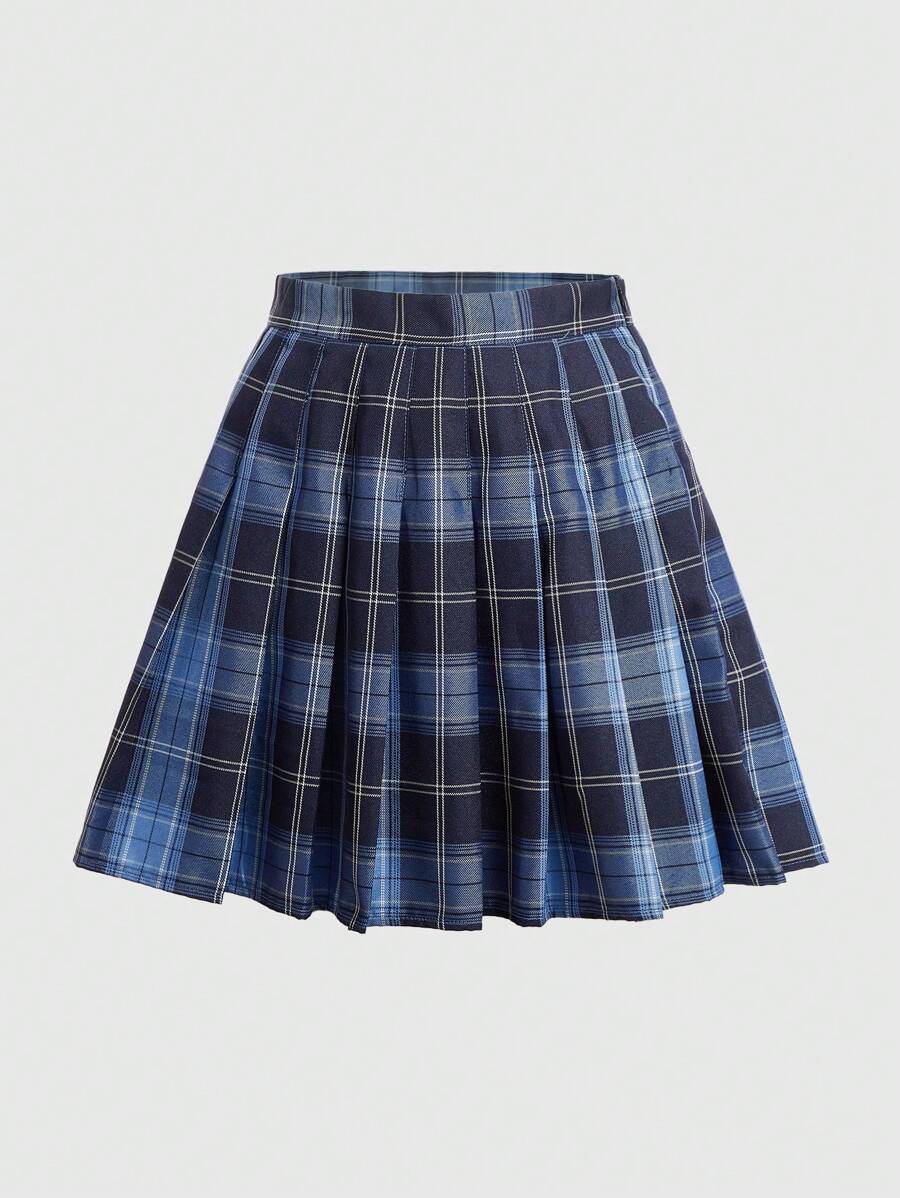 Women's plaid pleated skirt in blue and navy, mini length with high waist