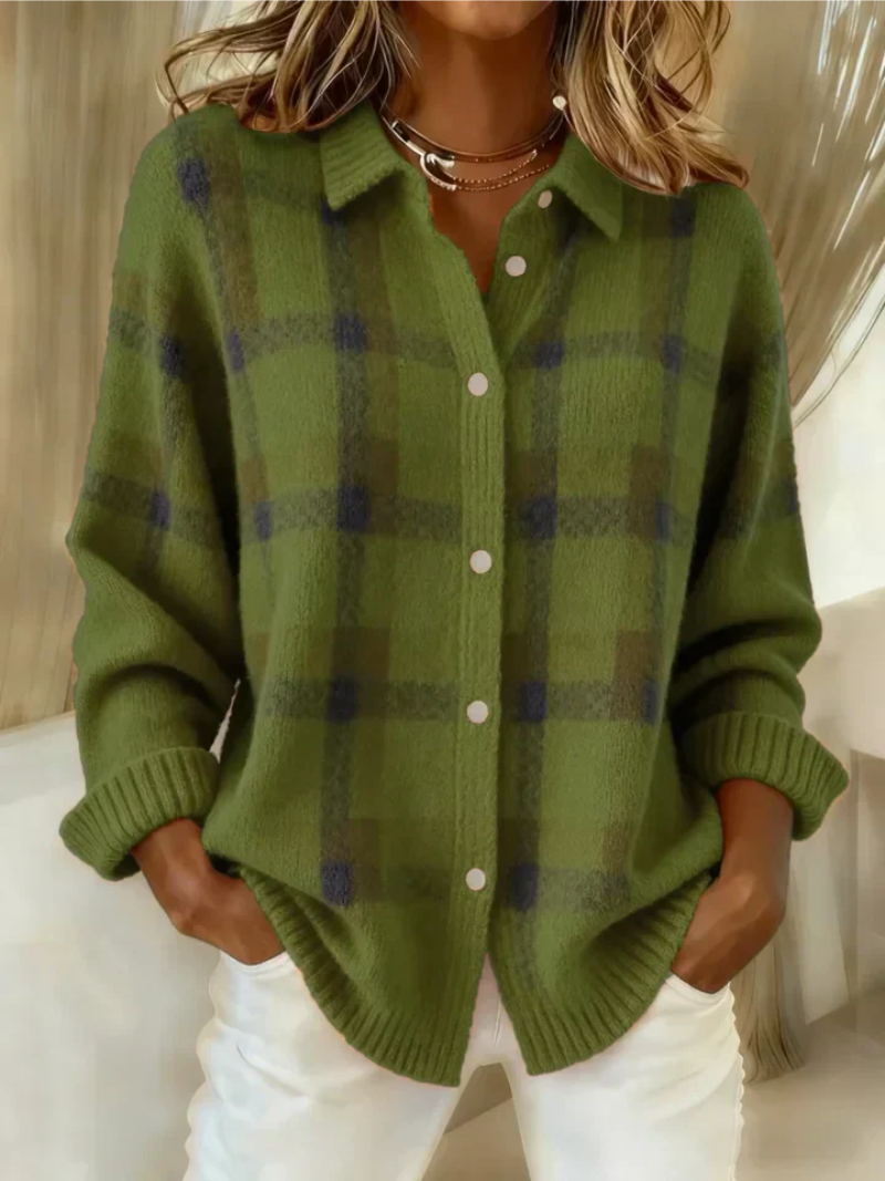 Army green plaid button up shacket with collar and ribbed cuffs, front view