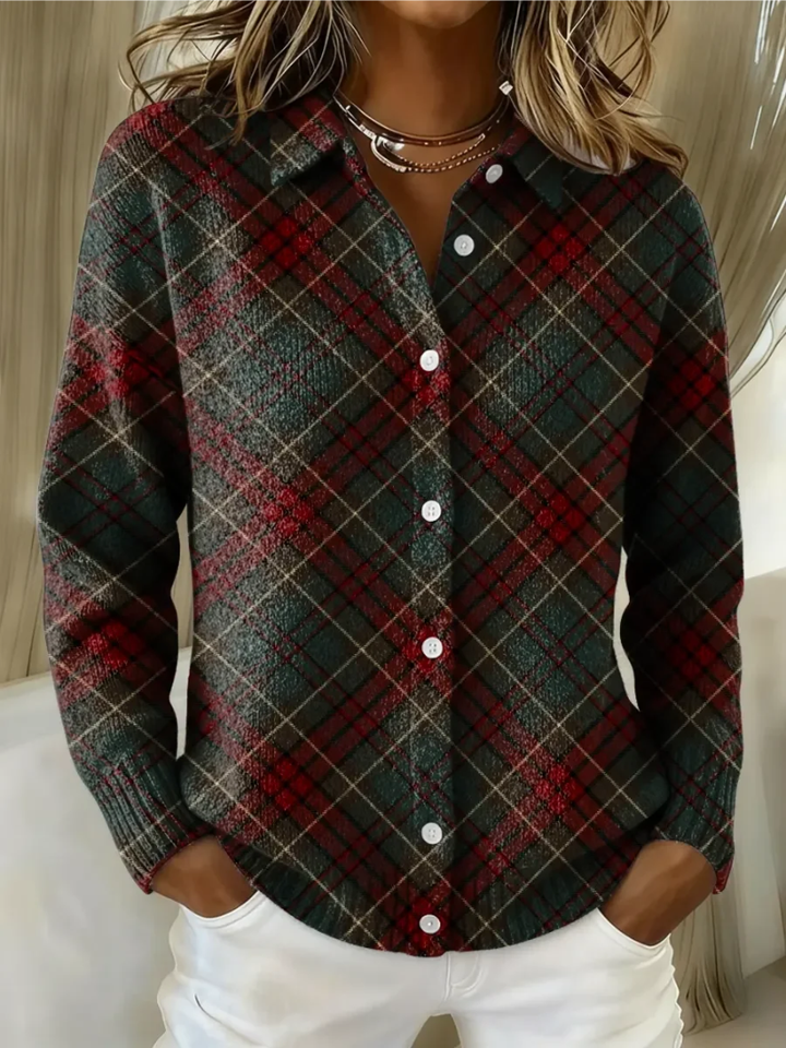 Dark gray plaid shacket with red check lines and button front, on model