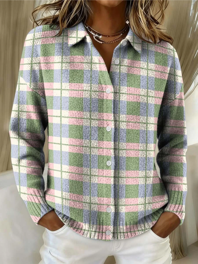 Light gray and pink plaid shacket with collar and button front, hands in pockets