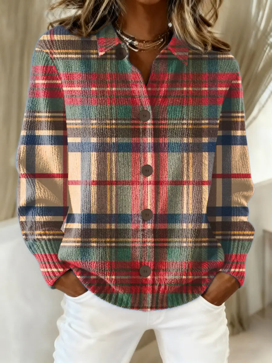 Women's plaid shacket in multicolor, collared button up knit, worn with white pants