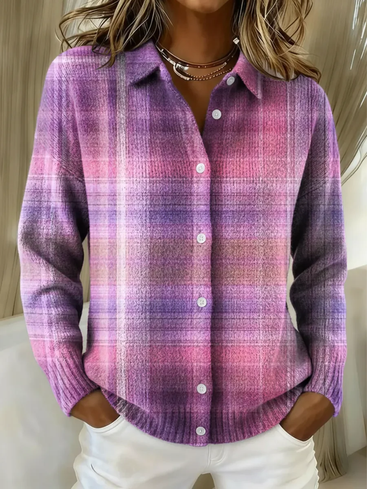 Pink and lavender plaid shacket with collar and buttons, front view