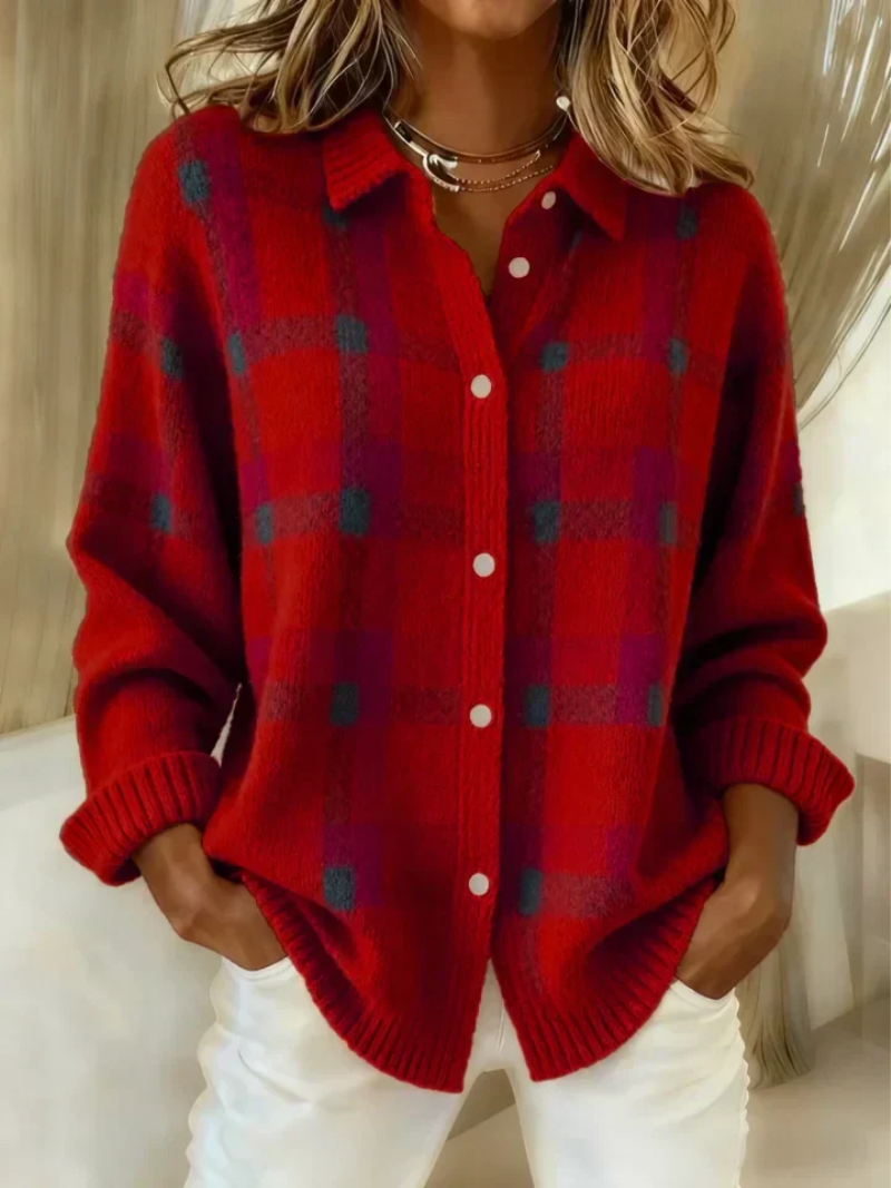 Red plaid knit shacket with collar and button front, styled with white pants