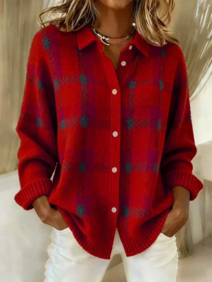 Red plaid knit shacket with collar and button front, styled with white pants