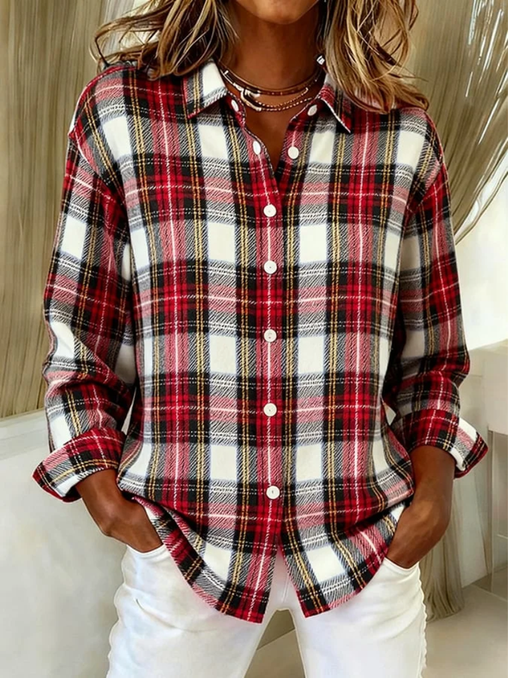 Red and white plaid shacket with collar and button front, classic check pattern