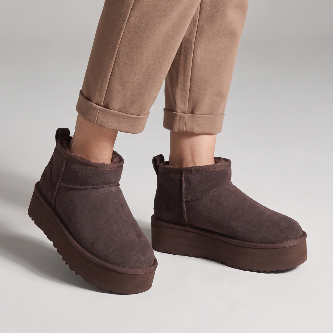 Women's platform boots in brown, mini ankle style worn with cuffed trousers