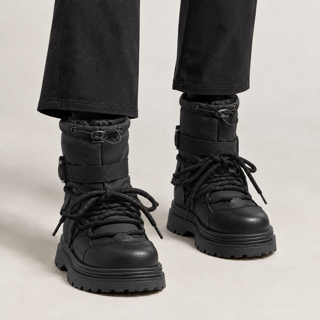 Black lace up puffer snow boots on a platform sole