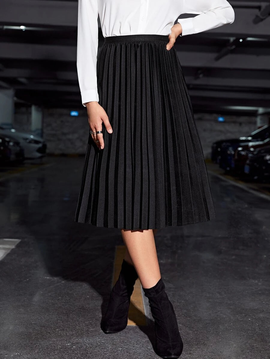Women's pleated midi skirt in black, high waist with knife pleats, front view