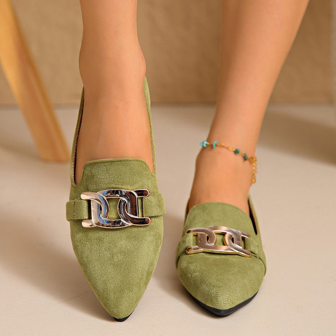 Olive flats viewed from above on foot, chain buckles in front