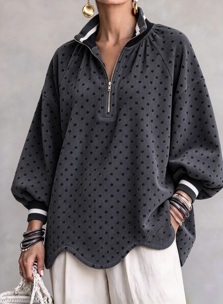 Gray polka dot quarter zip with striped collar