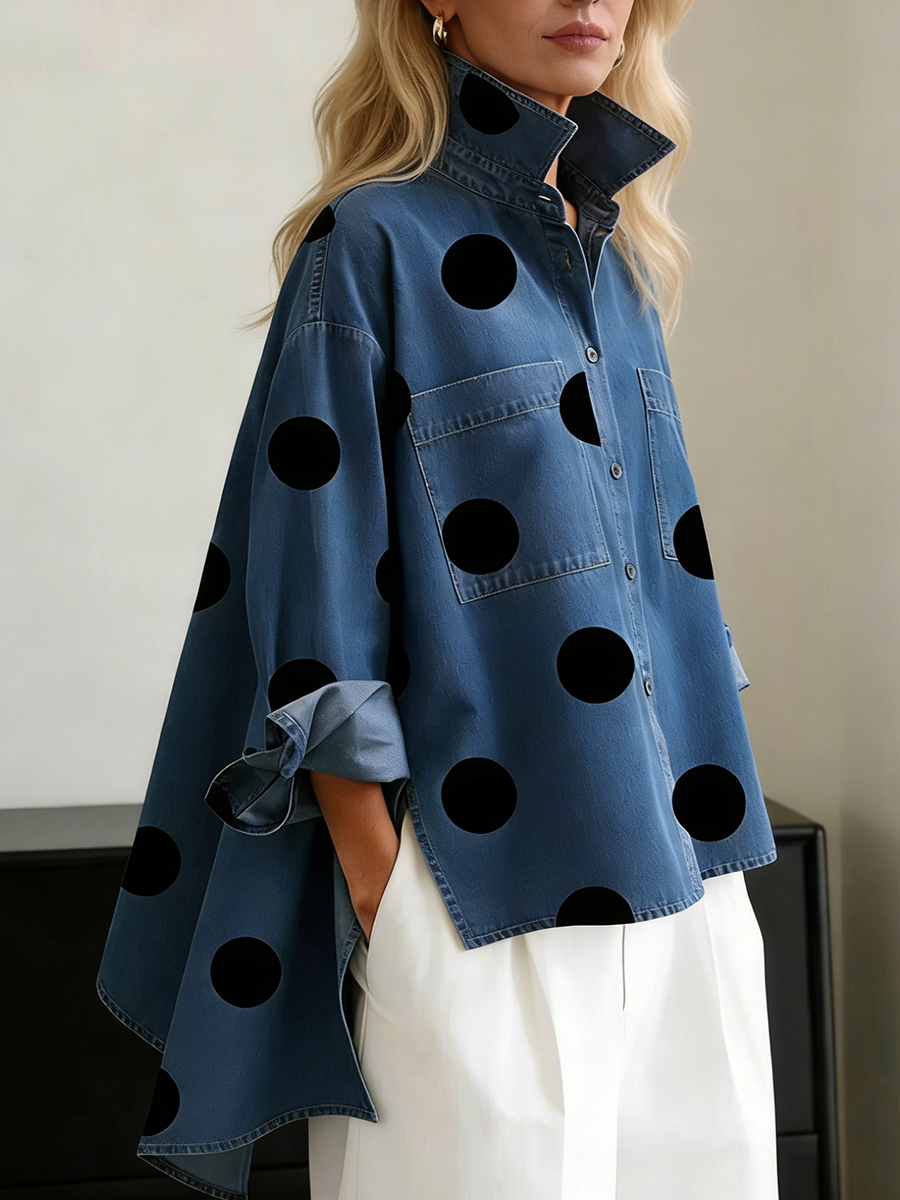 Women's polka dot shirt, oversized denim-look high low in blue