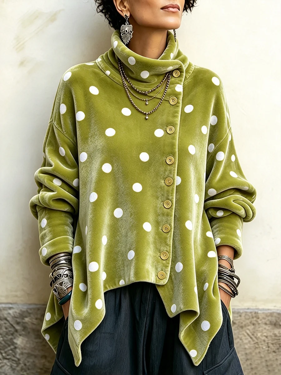 Women's polka dot velvet top in lime with white dots