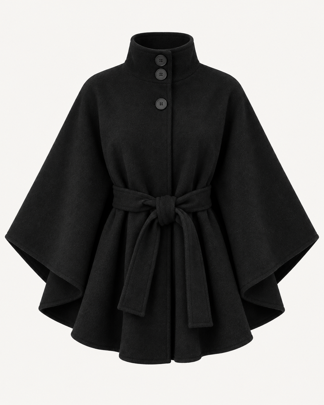 Black belted poncho coat with stand collar, three buttons and wide cape sleeves
