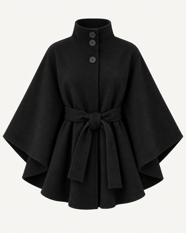 Black belted poncho coat with stand collar, three buttons and wide cape sleeves