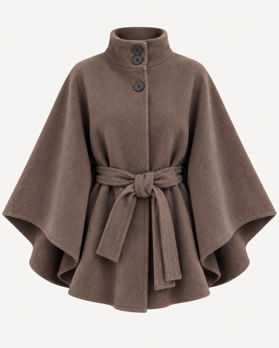 Brown belted poncho coat with stand collar, buttons and flared cape shape