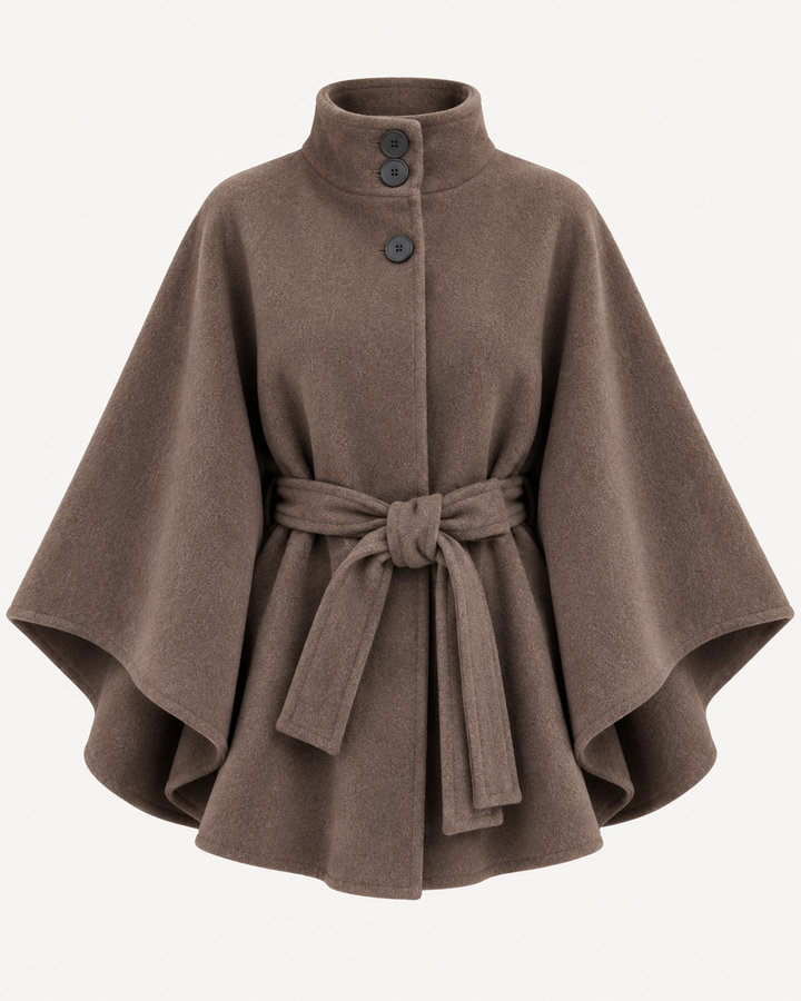 Brown belted poncho coat with stand collar, buttons and flared cape shape