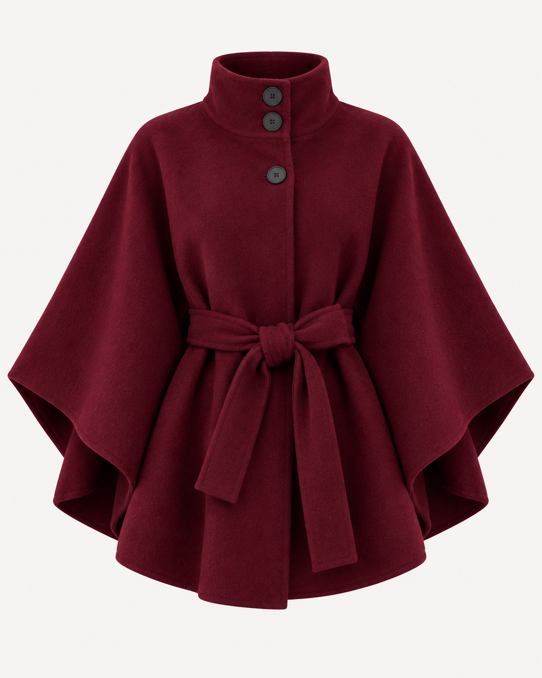 Burgundy belted poncho coat with stand collar, button front and waist tie belt