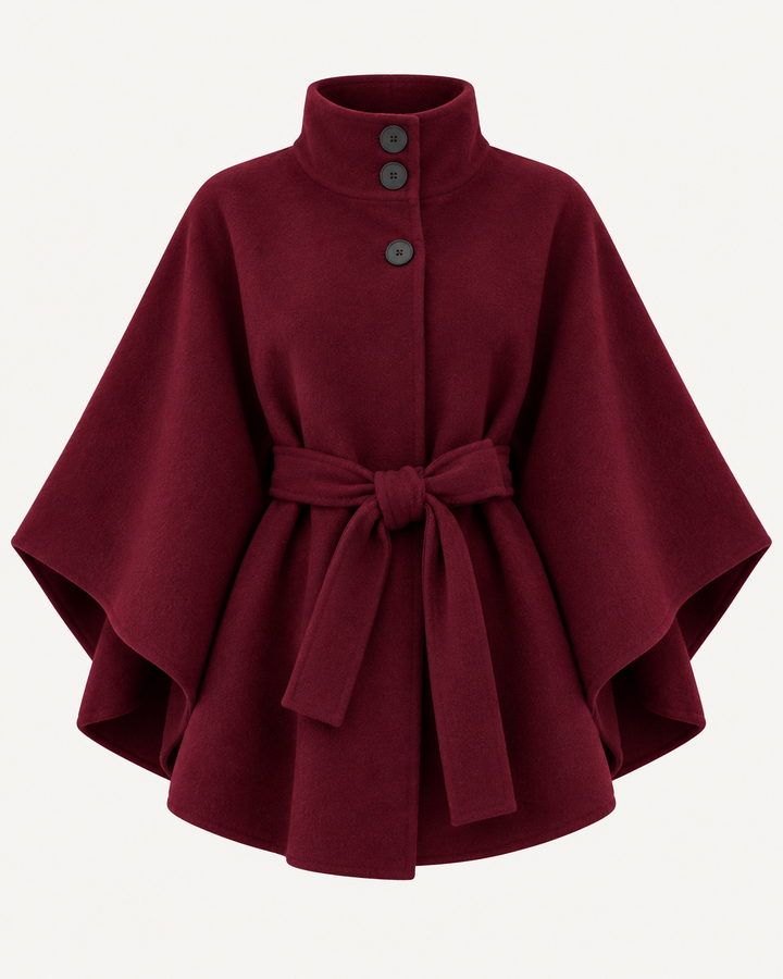 Burgundy belted poncho coat with stand collar, button front and waist tie belt
