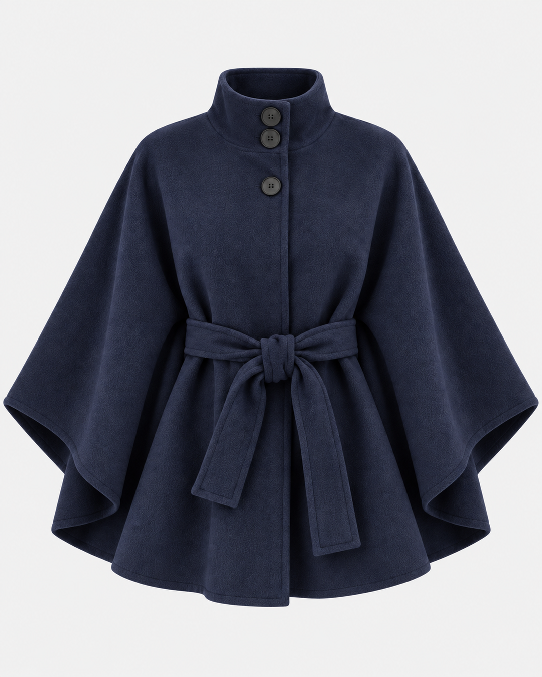 Navy belted poncho coat with stand collar, buttons and wide cape sleeves