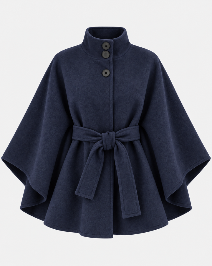 Navy belted poncho coat with stand collar, buttons and wide cape sleeves