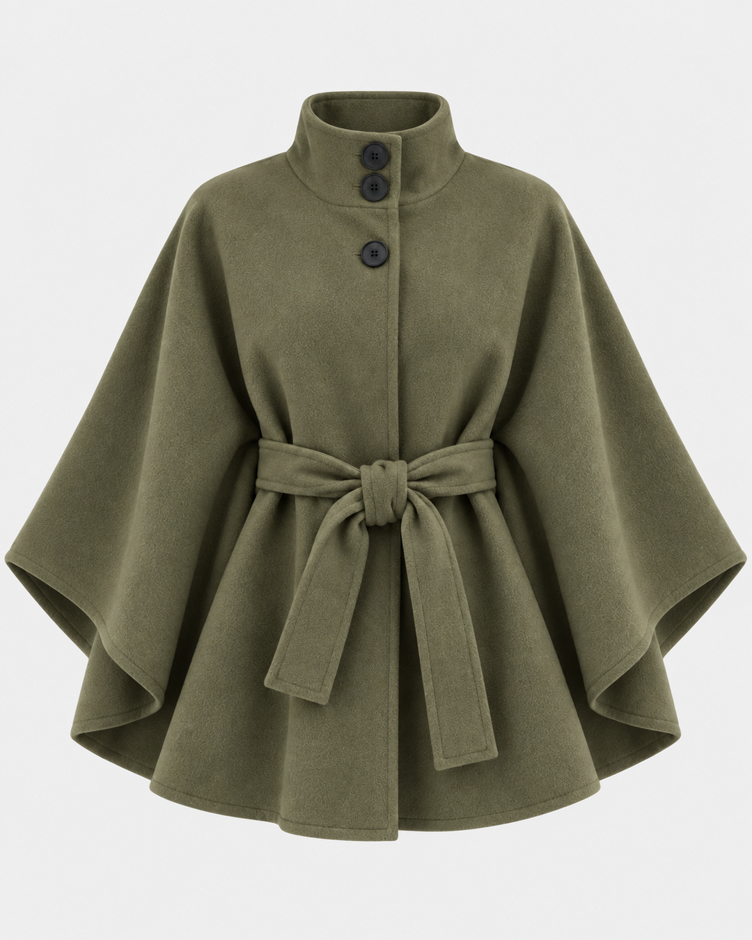 Olive green belted poncho coat with stand collar and front button closure