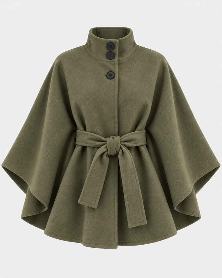 Olive green belted poncho coat with stand collar and front button closure