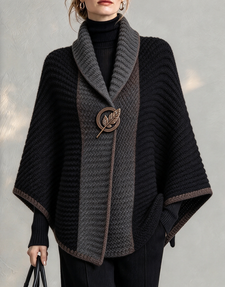 Black and gray chunky knit poncho with shawl collar