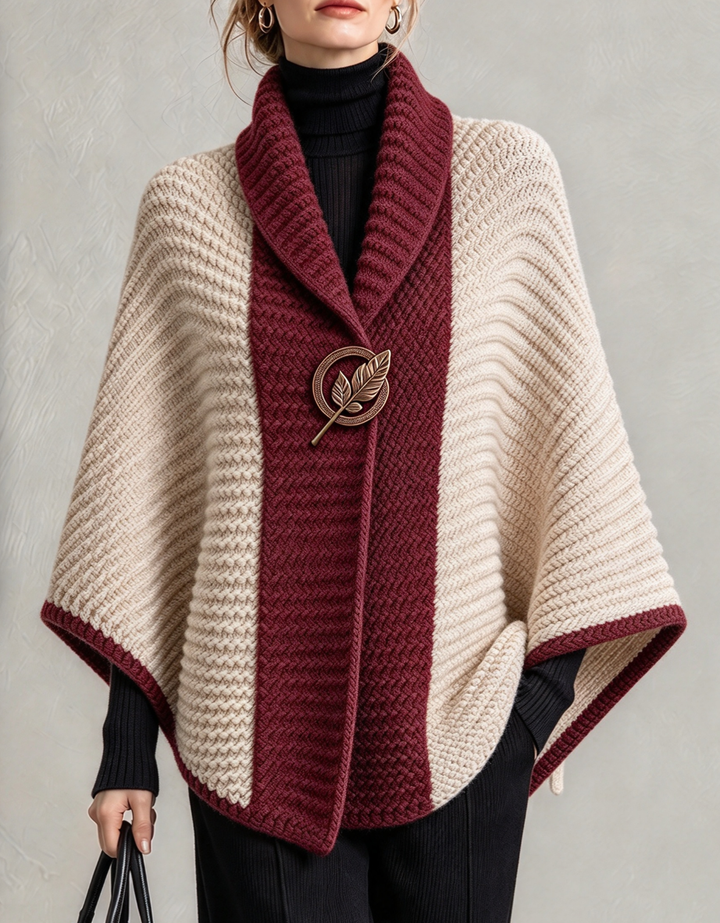 Burgundy and cream knit cape with brooch