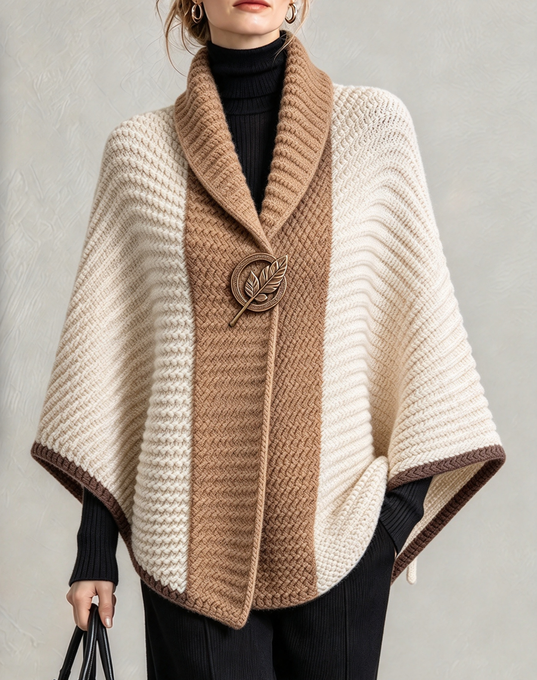Camel and cream color block knit cape