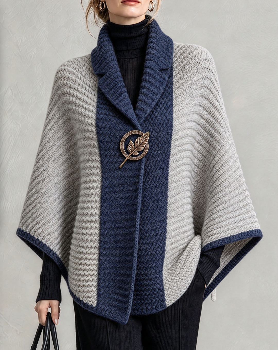 Navy and gray color block poncho sweater