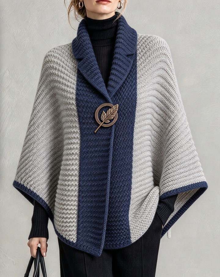 Navy and gray color block poncho sweater