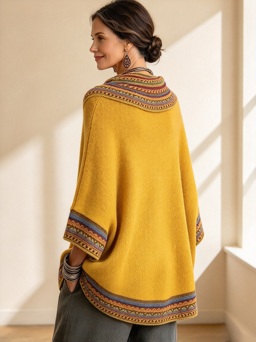 Back of the mustard poncho with patterned collar and dipped hem