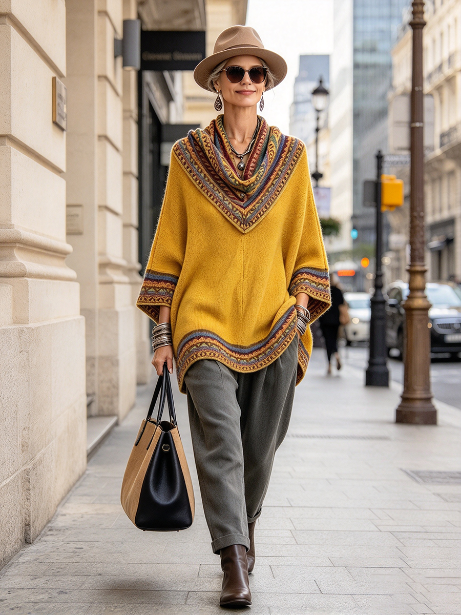 Woman walking a city street in the poncho with gray pants and a wide-brim hat